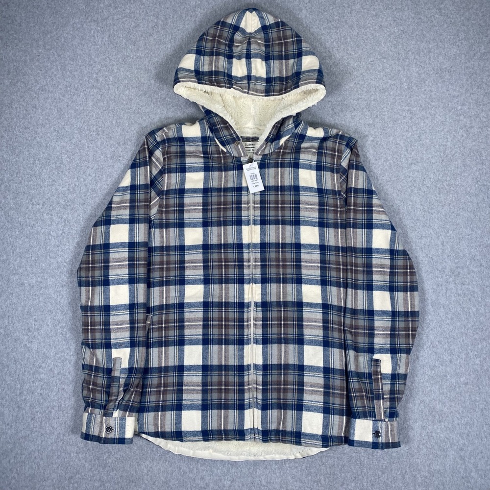 L.L. Bean Flannel Hoodie Women Large Indigo Tartan Sherpa Lined Full Zip